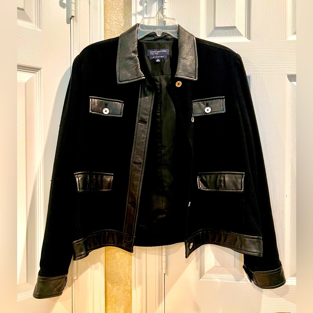 Jones New York Black Crop Jacket with Faux Leather Trim